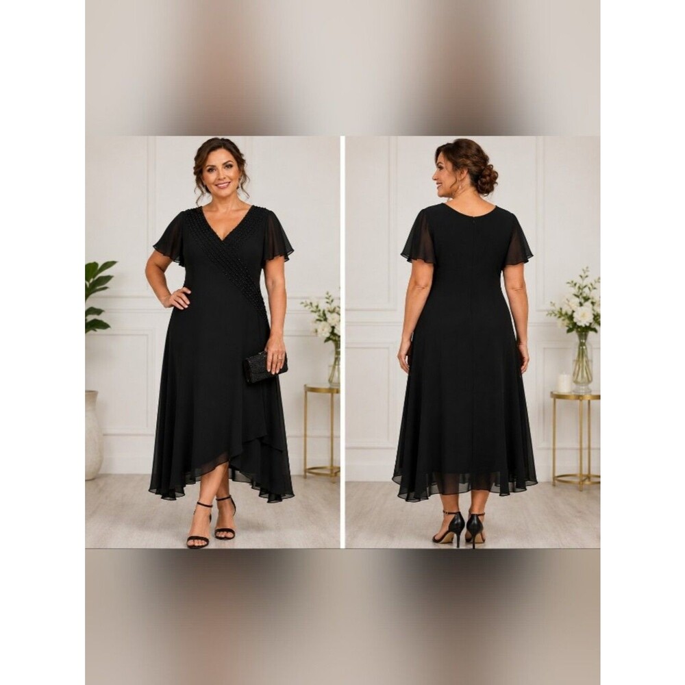 sandra darren black beaded chiffon midi dress flutter sleeve evening cocktail 16